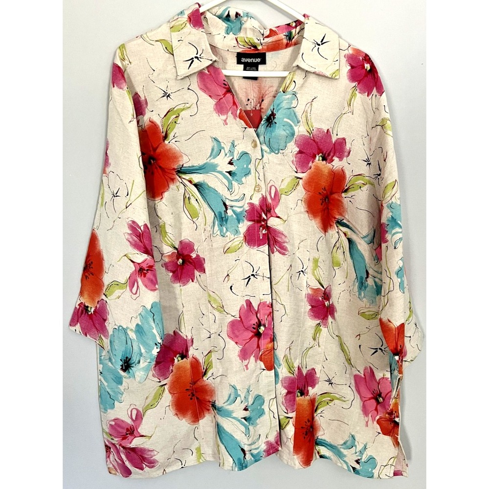 Avenue Shirt Womens 18/20 Beige Floral Linen Rayon Button Front 3/4 Sleeve NWT